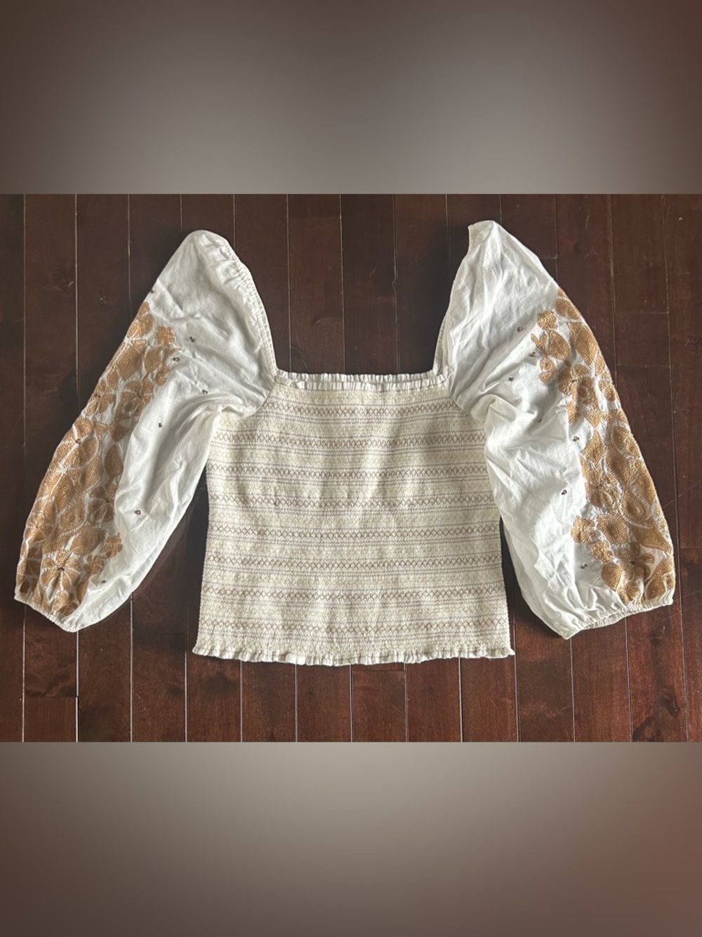 NWT Anthropologie Smocked Embroidered Puff Sleeve Square Neck Top Large